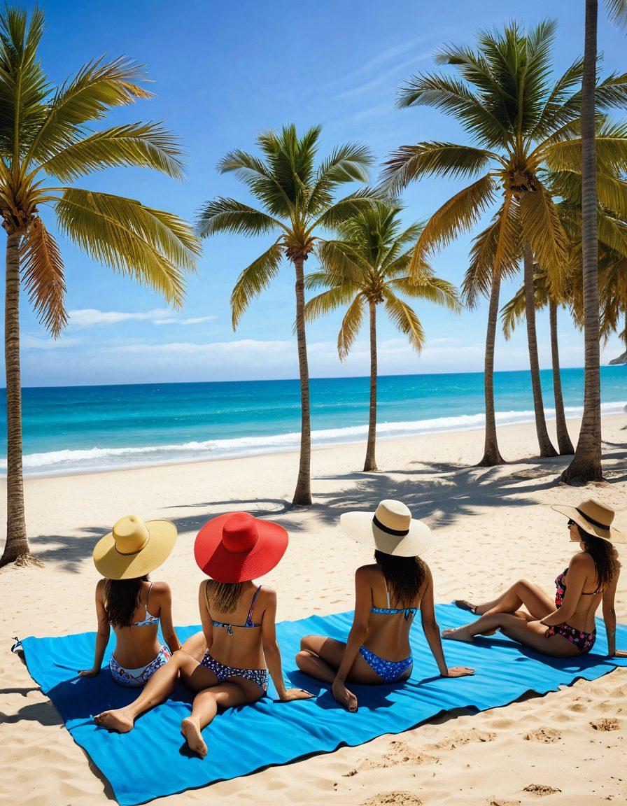A serene beach scene featuring a diverse group of sunbathers showcasing minimal coverage beachwear, with colorful and stylish swimsuits. Include a backdrop of a sparkling blue ocean, golden sands, and palm trees swaying gently in the breeze. Highlight accessories like sun hats and sunglasses for added flair. The atmosphere should be vibrant and inviting, exuding a sense of relaxation and style. vibrant colors. super-realistic.